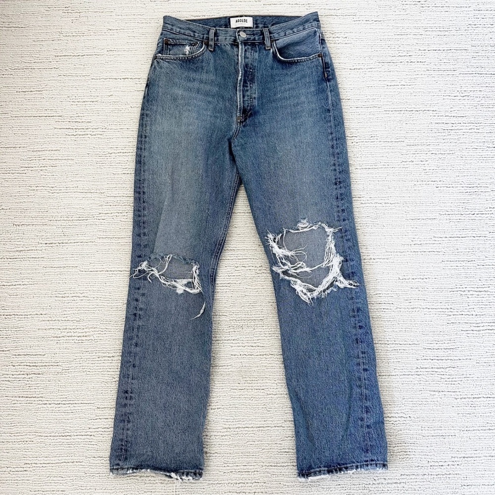 Agolde Straight Leg Ripped Blue Jeans